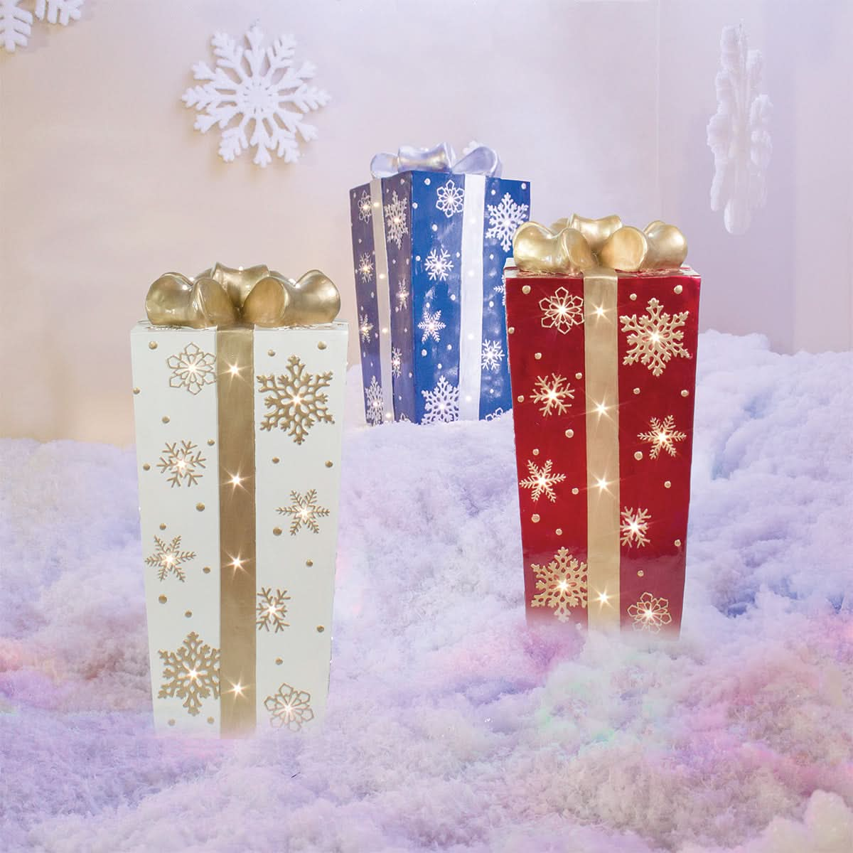 Lit Fiberglass Gift Box with Snowflake Design