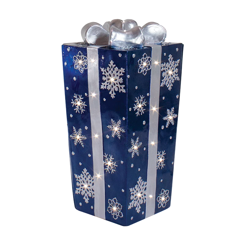 Lit Fiberglass Gift Box with Snowflake Design