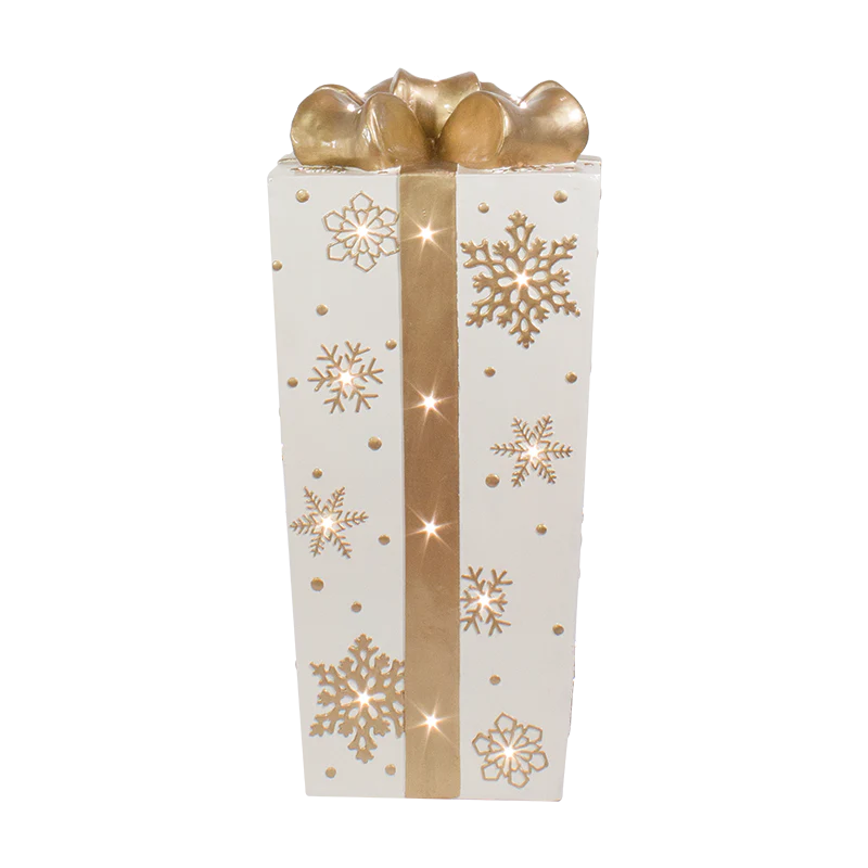 Lit Fiberglass Gift Box with Snowflake Design